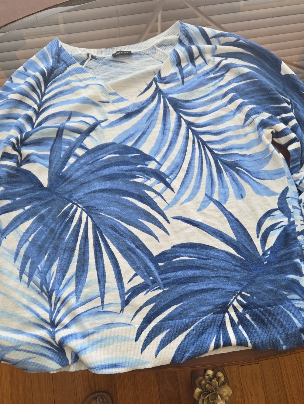 Talbots Blue and White Palm-Print V-Neck Sweatshirt